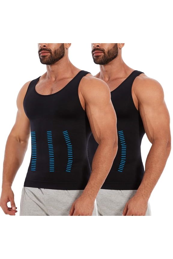 2 Packs Compression Shirts for Men Gynecomastia Tank Tops Body Shaper Vest Slimming Base Layer Belly Control Undershirt