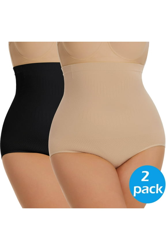 Plus Size Body Shaper Tummy Control Panty - Shapewear for Women, Black+Beige, 2-Pack