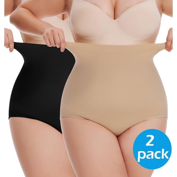MANIFIQUE Plus Size Body Shaper Tummy Control Panty - Shapewear for Women, Black+Beige, 2-Pack