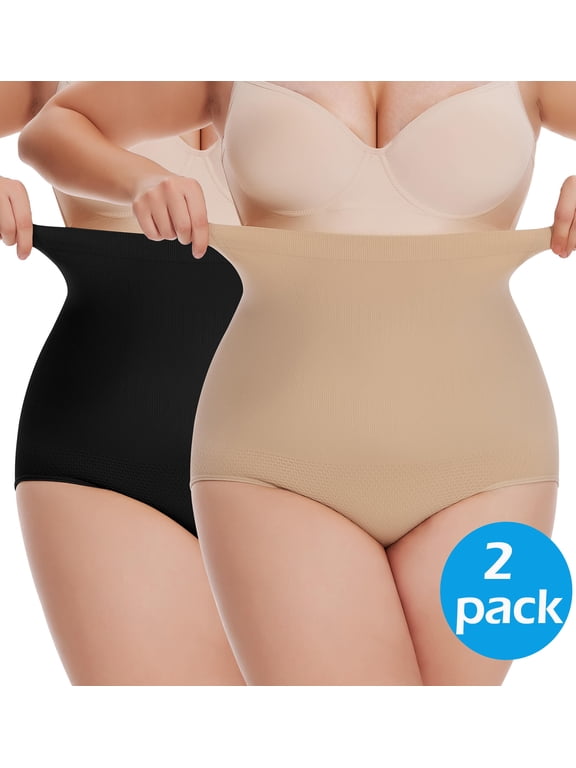Plus Size Body Shaper Tummy Control Panty - Shapewear for Women, Black+Beige, 2-Pack