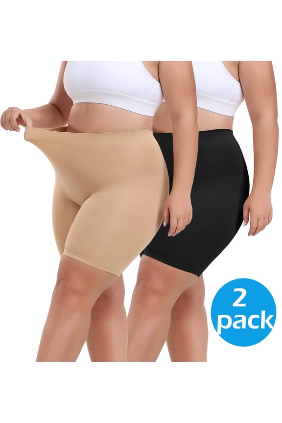 2 Packs Plus Size Slip Shorts for Women Under Dress High Waisted Smoothing Shapewear Shorts