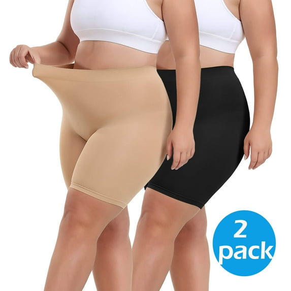 MANIFIQUE 2 Packs Plus Size Slip Shorts for Women Under Dress High Waisted Smoothing Shapewear Shorts