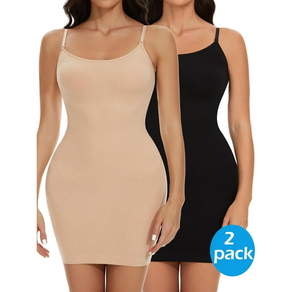 MANIFIQUE 2 Packs Shapewear Slips for Under Dresses Women's Tummy Control Body Shaper Slimming Seamless Cami Slip