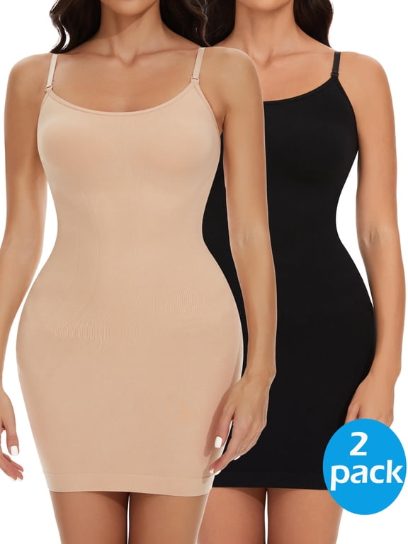 2 Packs Shapewear Slips for Under Dresses Women's Tummy Control Body Shaper Slimming Seamless Cami Slip