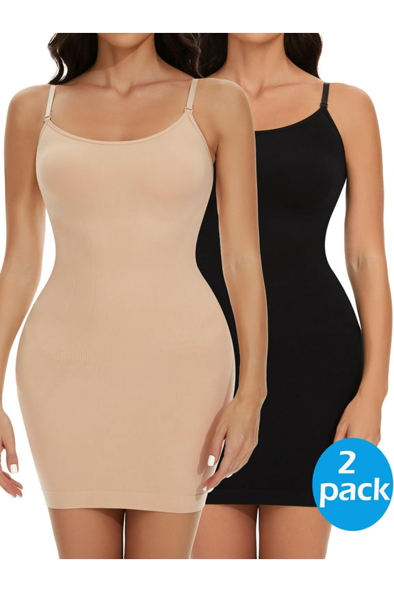 2 Packs Shapewear Slips for Under Dresses Women's Tummy Control Body Shaper Slimming Seamless Cami Slip