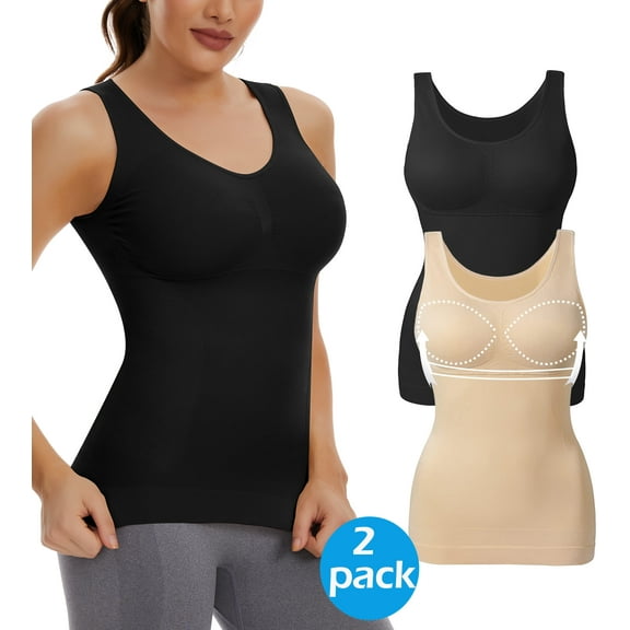 MANIFIQUE 2 Packs Shapewear Tank Tops with Built in Bra for Women Tummy Control Shaper Cami Compression Body Shaper