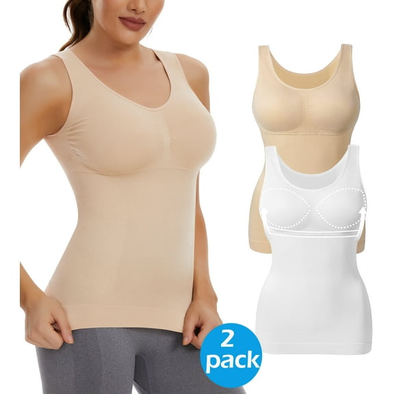 MANIFIQUE 2 Packs Shapewear Tank Tops with Built in Bra for Women Tummy Control Shaper Cami Compression Body Shaper