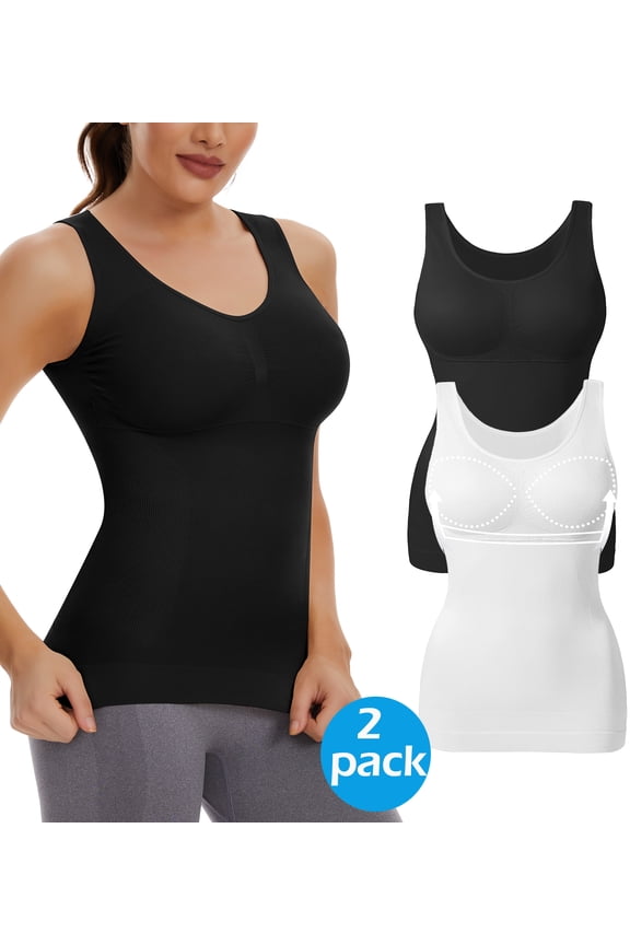 2 Packs Shapewear Tank Tops with Built in Bra for Women Tummy Control Shaper Cami Compression Body Shaper