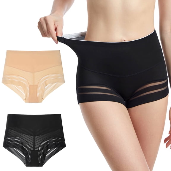 MANIFIQUE 2 Packs Shapewear Tummy Control Panties for Women Seamless Stripe Lace Body Shaper Underwear Slim Panty