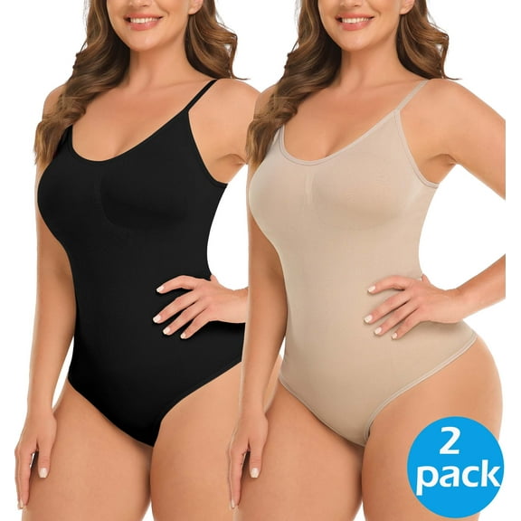 MANIFIQUE 2 Packs Women's Shapewear Bodysuit Tummy Control Body Shaper Waist Snatching Body Suit Thong