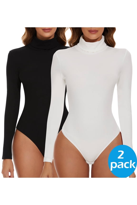2-Packs Women's Long Sleeve Bodysuit Mock Turtleneck Soft Slim Fit Tops Jumpsuit