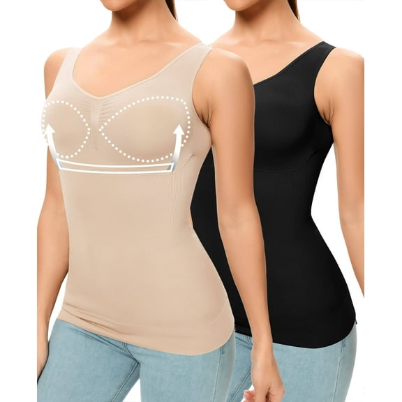 MANIFIQUE 2 Packs Women's Seamless Shapewear Tops with Built-in Padded Bra V-Neck Shaping Camisoles