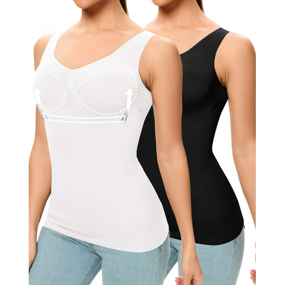 MANIFIQUE 2 Packs Women's Seamless Shapewear Tops with Built-in Padded Bra V-Neck Shaping Camisoles