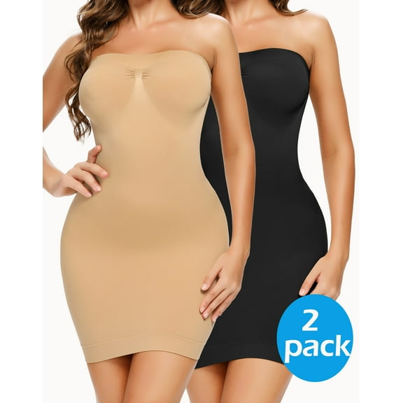 MANIFIQUE 2 Packs Women's Strapless Shapewear Full Slip for Under Dresses Tummy Control Slips Seamless Body Shaper