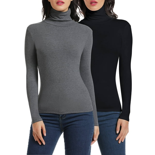 MANIFIQUE 2 Packs Womens Long Sleeve Mock Turtleneck Tops Slim Fit Base ...