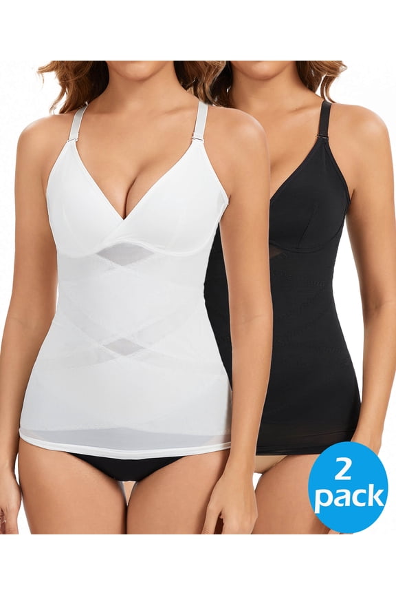 2 Packs Womens Tank Top Shapewear Tummy Control Slimming Camisole Tops for Women V Neck Body Shaper
