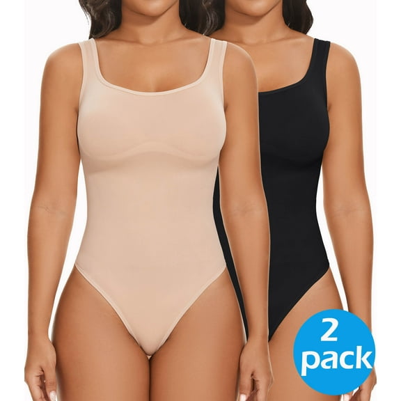 MANIFIQUE 2 Packs Shapewear Bodysuits for Women Seamless Tummy Control Compression Low Back Thong Bodysuit