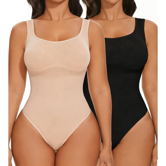 MANIFIQUE Women's Seamless Slimming Square Neck Tank Shapewear Bodysuit, 2-Pack, Sizes S-3XL