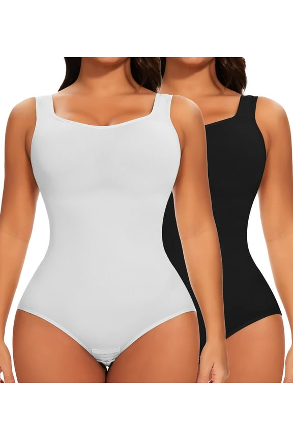 2 Piece Shapewear Bodysuit for Women Tummy Control Slim Fit Sleeveless Round Neck Body Suit