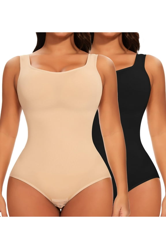 2 Piece Shapewear Bodysuit for Women Tummy Control Slim Fit Sleeveless Round Neck Body Suit