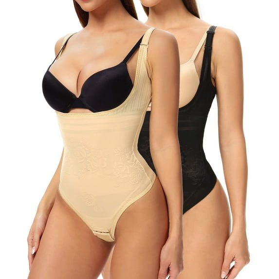 MANIFIQUE 2 Packs Thong Shapewear Bodysuit for Women Tummy Control Open Bust Body Shaper Slimmer Shaping Thong