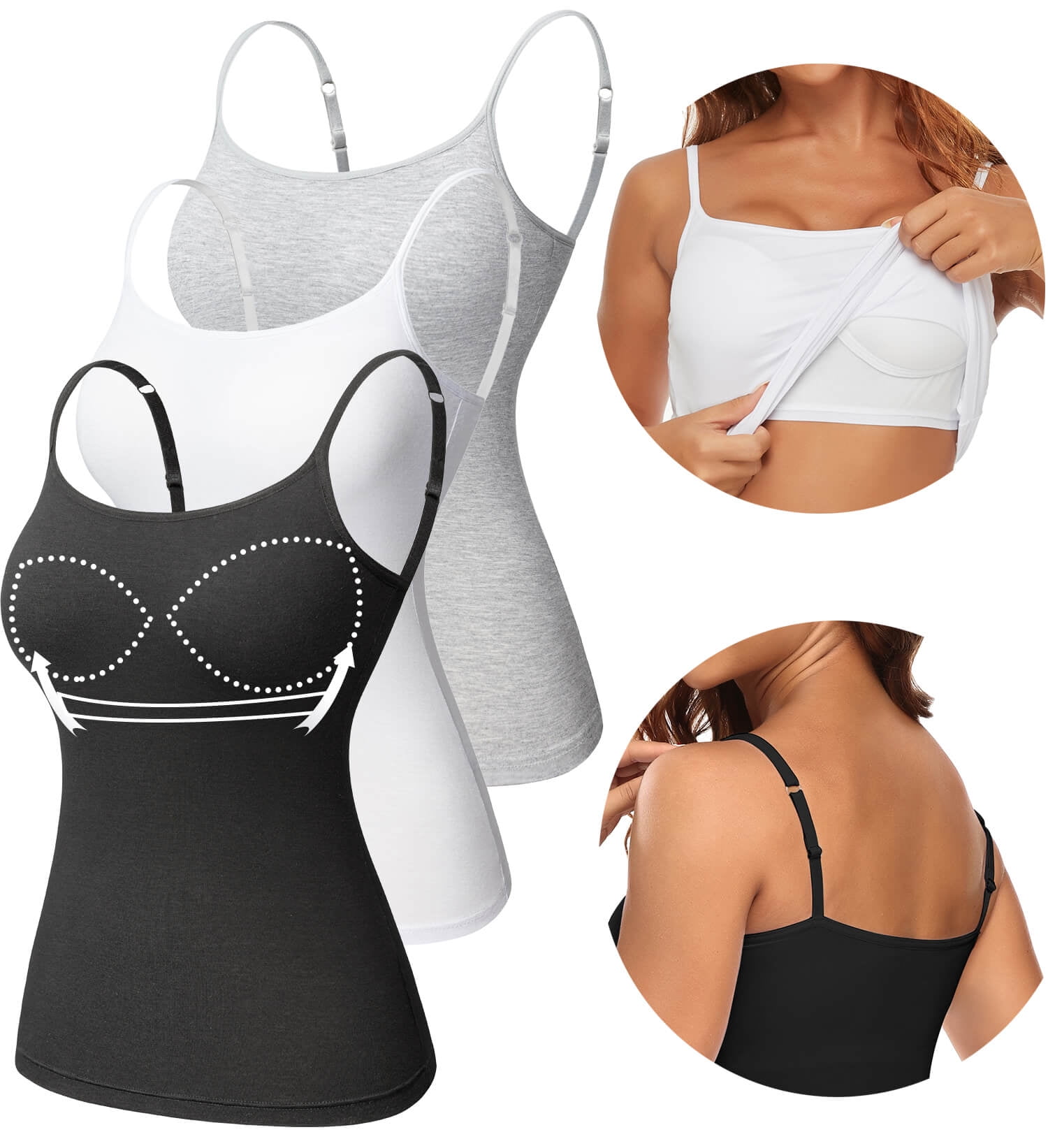MANIFIQUE 3 Pack Women's Camisole with Built-in Padded Bra
