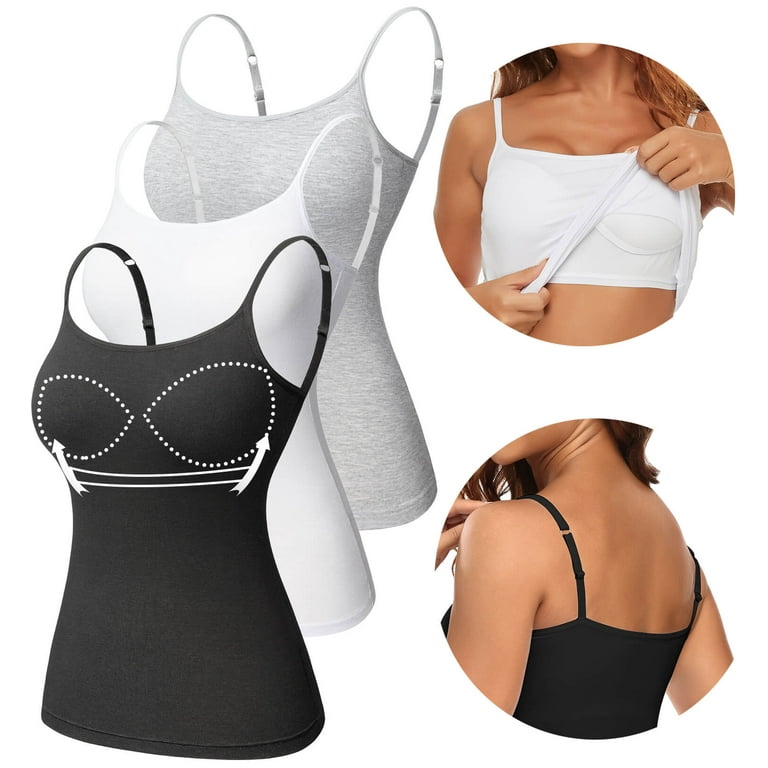 MANIFIQUE 3 Pack Women's Camisole with Built-in Padded Bra Adjustbale  Spaghetti Strap Tank Top Cami Comfort Undershirt