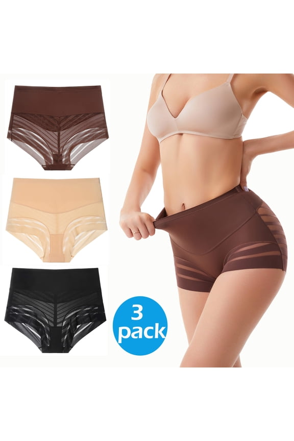 3 Packs Shapewear Tummy Control Panties for Women Seamless Stripe Lace Body Shaper Underwear Slim Panty