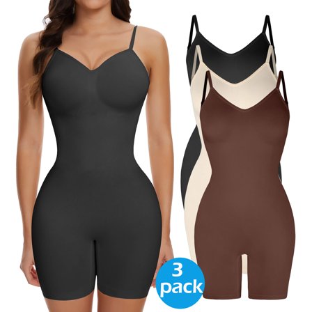 MANIFIQUE 3 Packs Low Back Mid Thigh Bodysuit Shapewear for Women Tummy Control Butt Lifter Backless Faja Body Shaper
