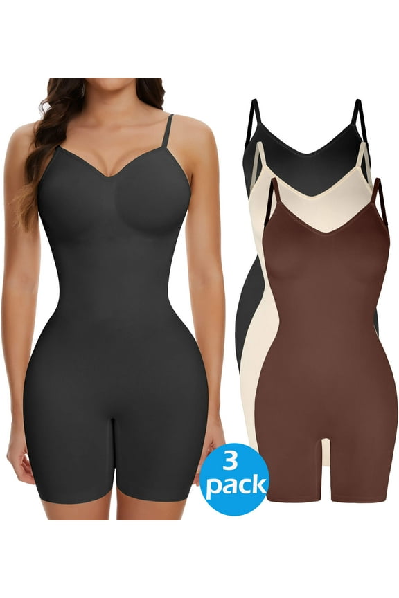 3 Packs Low Back Mid Thigh Bodysuit Shapewear for Women Tummy Control Butt Lifter Backless Faja Body Shaper