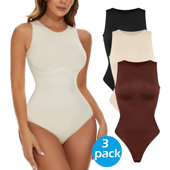 MANIFIQUE 3 Packs Shapewear Bodysuits for Women Tummy Control - Sleeveless Crew Neck Thong Boduysuit Body Shaper