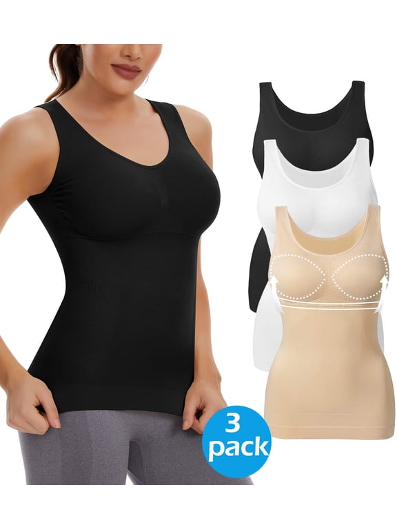 3 Packs Shapewear Tank Tops with Built in Bra for Women Tummy Control Shaper Cami Compression Body Shaper