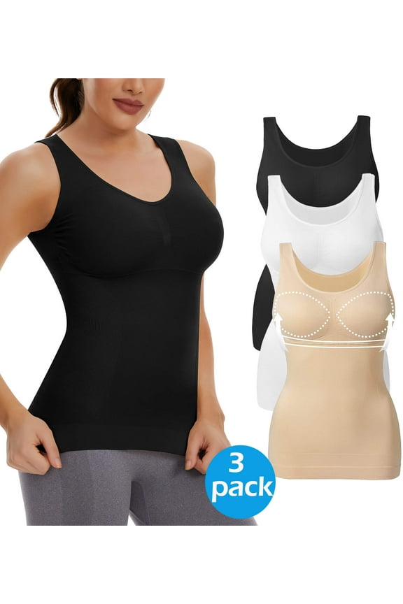 3 Packs Shapewear Tank Tops with Built in Bra for Women Tummy Control Shaper Cami Compression Body Shaper