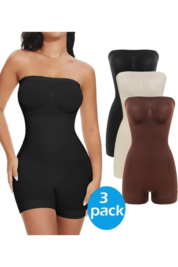 3 Packs Strapless Shortie Bodysuit for Women Tummy Control Shapewear Seamless Body Shaper with Removable Straps