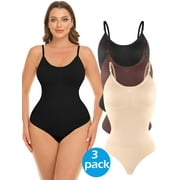 MANIFIQUE 3 Packs Women Slimming Bodysuits Shapewear Tops Tummy Control Thong Body Shaper Spaghetti Strap Camisole