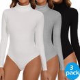 thumbnail image 1 of MANIFIQUE 3-Packs Women's Long Sleeve Bodysuit Mock Turtleneck Soft Slim Fit Tops Jumpsuit, 1 of 6