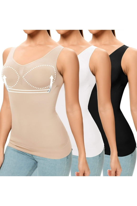 3 Packs Women's Seamless Shapewear Tops with Built-in Padded Bra V-Neck Shaping Camisoles