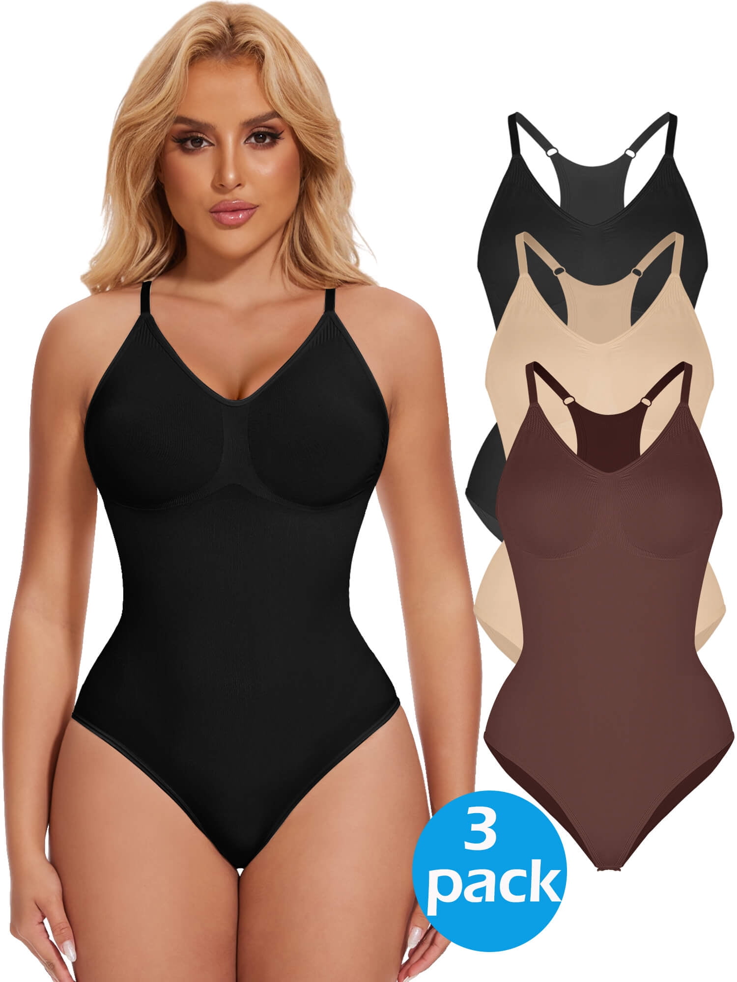 MANIFIQUE 3 Piece Bodysuit for Women Tummy Control Shapewear Racerback Seamless Sculpting Brief