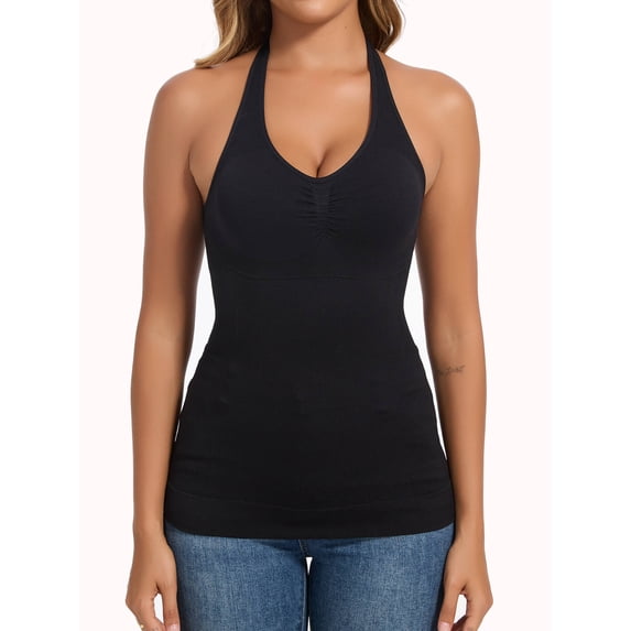 MANIFIQUE Compression Shapewear Tank Tops for Women, V Neck Halter Tank with Built in Bra, Tummy Control Body Shaper