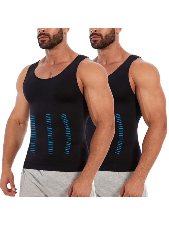 2 Packs Compression Shirts for Men Gynecomastia Tank Tops Body Shaper Vest Slimming Base Layer Belly Control Undershirt