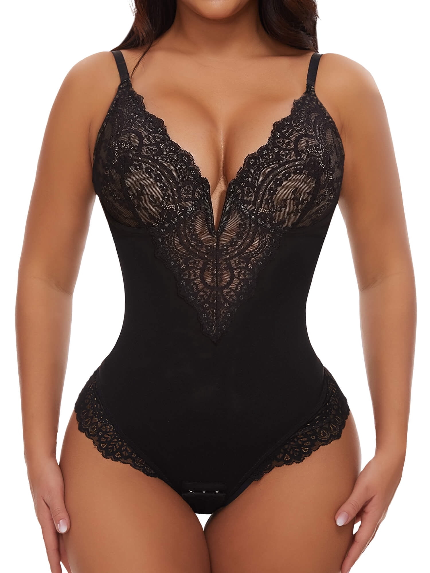 Shapewear Lace Deep V-Neck Tummy Control Mid-Thigh Bodysuit