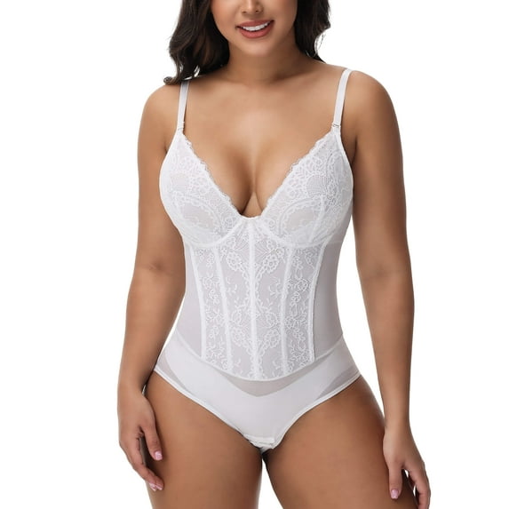 MANIFIQUE Corset Bodysuit Built in Bra - V Neck Bodysuits for Women Tummy Control Shapewear Concert Outfits Club Tops