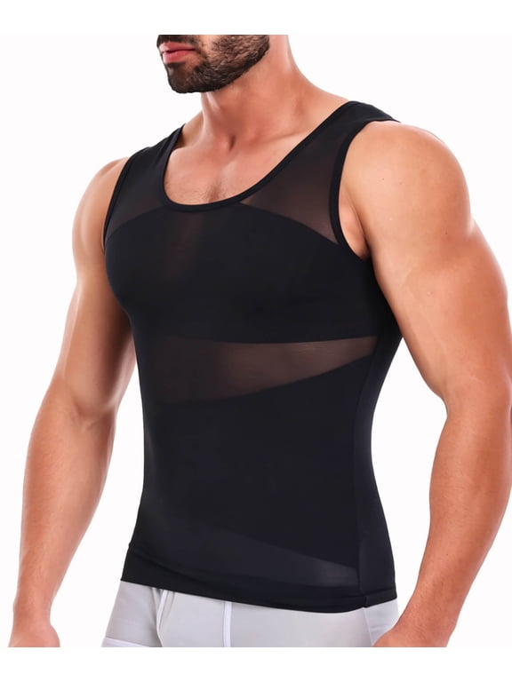 Mens Compression Shirt - Slimming Undershirts Body Shaper Vest Mesh Shapewear Workout Tops