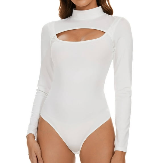 MANIFIQUE Mock Neck Cutout Front T Shirt Long Sleeve Bodysuit for Women