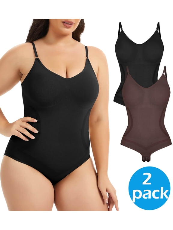 2 Packs Plus Size Womens Seamless Shapewear Bodysuit 1X-4XL Tummy Control Butt Lifter Adjustable Straps Crotch Hook