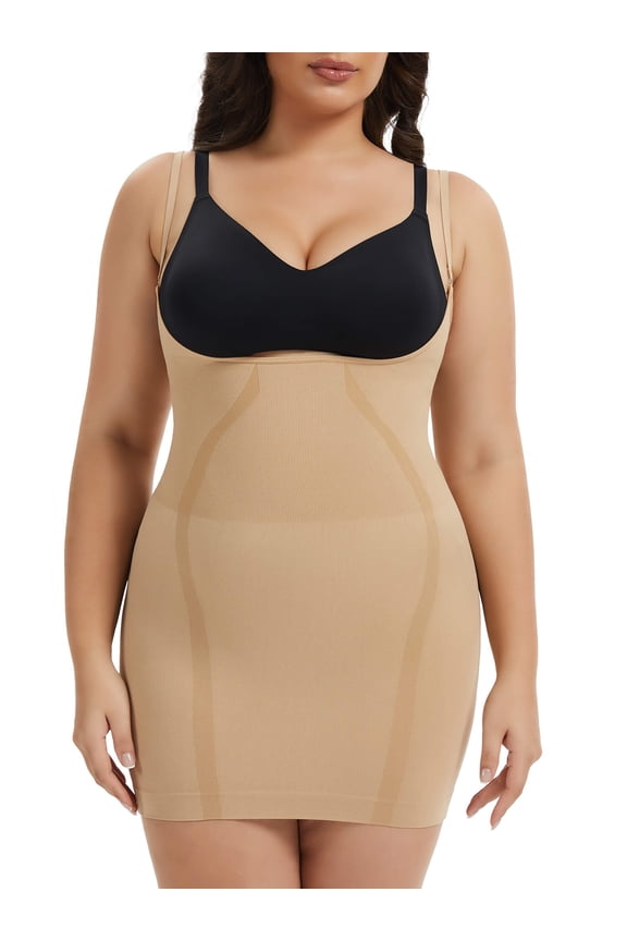 Plus Size Open Bust Full Slip - Breathable Body Shapewear - Medium Compression - Anti-Slip Construction