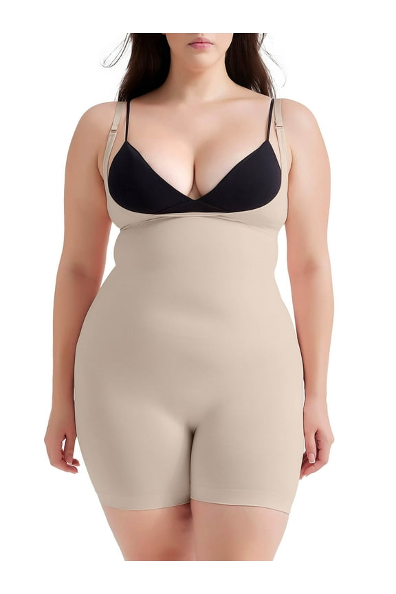 Plus Size Open-Bust Shapewear Tummy Control Mid-Thigh Bodysuit, High-Waist Thigh Slimmer, Shapewear for Women
