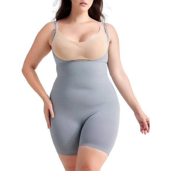 MANIFIQUE Plus Size Open-Bust Shapewear Tummy Control Mid-Thigh Bodysuit, High-Waist Thigh Slimmer, Shapewear for Women