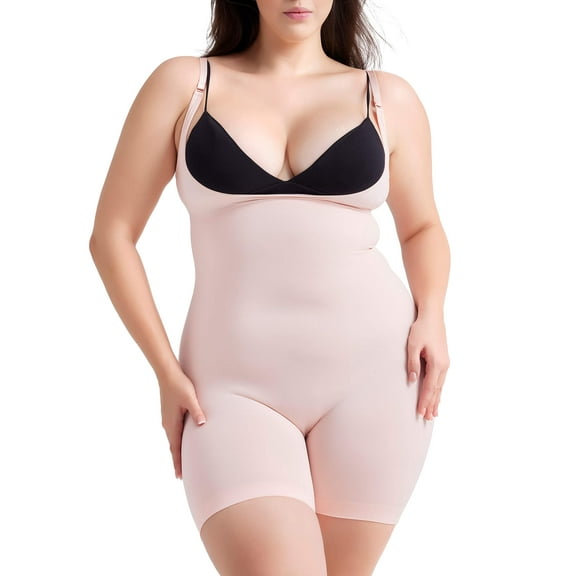 MANIFIQUE Plus Size Open-Bust Shapewear Tummy Control Mid-Thigh Bodysuit, High-Waist Thigh Slimmer, Shapewear for Women