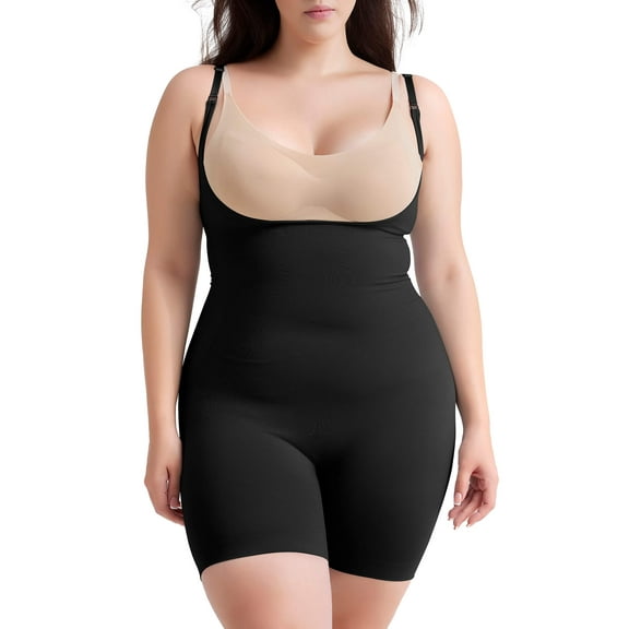 MANIFIQUE Plus Size Open-Bust Shapewear Tummy Control Mid-Thigh Bodysuit, High-Waist Thigh Slimmer, Shapewear for Women